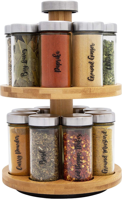 Orii 16 Jar Spice Rack with Spices Included - Rotating Countertop 2 Tier Tower Organizer for Kitchen Spices and Seasonings, (Bamboo Wood)...