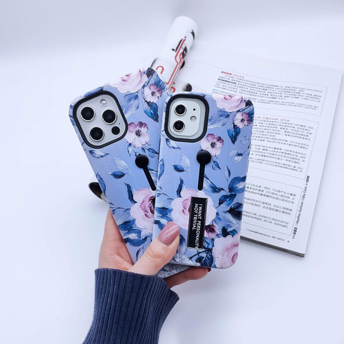 Compatible with iPhone 12 Pro Max Case Finger Grip,3D Embossed Pink Flowers Blue Shell Design, Rugged Shockproof Slim Fit Dual Layer Finger Ring L...