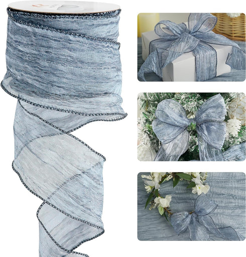 HUIHUANG Blue Wire Ribbon 2.5 inch Metallic Crinkle Dusty Blue Wired Ribbon for Bows Making Gift Wrapping Wreaths Holiday Home Decor DIY Crafts Ch...
