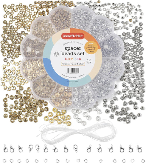 Incraftables 600pcs Spacer Beads for Bracelets Making (12 Gold & Silver Styles). Best Rondelle Spacer Beads for Jewelry Making Kit. Bulk Assorted ...