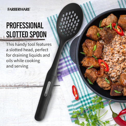 Farberware Professional Soft Handled Slotted Straining Spoon with Perforations Heavy-Duty Heat Resistant Nylon Safe for Non-stick Cookware, 13-Inc...