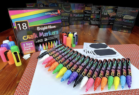 18 Classic Neon Chalk Markers Double Pack of Both Fine and Reversible Medium Tip Liquid Chalk Pens Wet Erasable - Menu Boards, Glass, Windows, Whi...