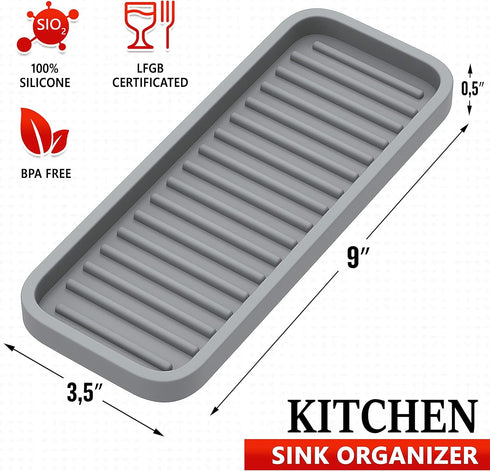 ZAPPOWARE Silicone Kitchen Sink Caddy Sponge Holder 9x3.5 (2-pack) Gray - Bathroom Vanity Tray Organizer, Kitchen Soap Tray for Dish Scrubber, Soa...