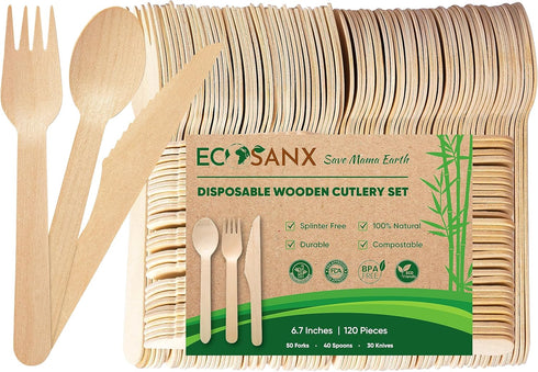 120 PCs Wooden Cutlery set | 6.5" Splinter Free Compostable Utensils, Biodegradable, Eco-Friendly | 100% All - Natural Bamboo Utensils for Outdoor...