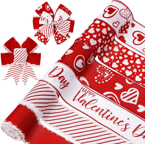 Whaline 36 Yard Happy Valentine's Day Wired Edge Ribbon Red White Love Hearts Craft Ribbon with Burr Wedding Fabric Wrapping Ribbon for Anniversar...