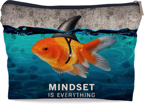 Inspirational Mindset is Everything Goldfish Shark Fin Makeup Bag Decorative Women's Cosmetic Bag Zipper Pouch Travel Toiletry,Motivational Positi...