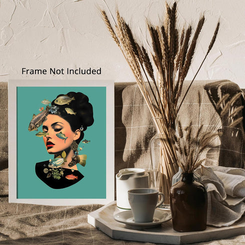 Posterizer 1 pcs-fishes and a vintage woman collage-Art for Animal Lovers-Retro Art-Gift for Art Lovers- UNFRAMED Wall Art...