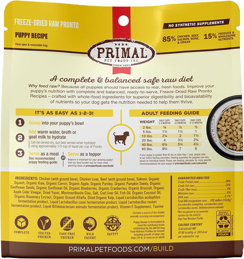 Primal Puppy Dog Food, Freeze Dried Dog Food, Pronto; Scoop & Serve, Complete & Balanced Meal; Also Use As Topper or Treat; Premium, Healthy, Grai...