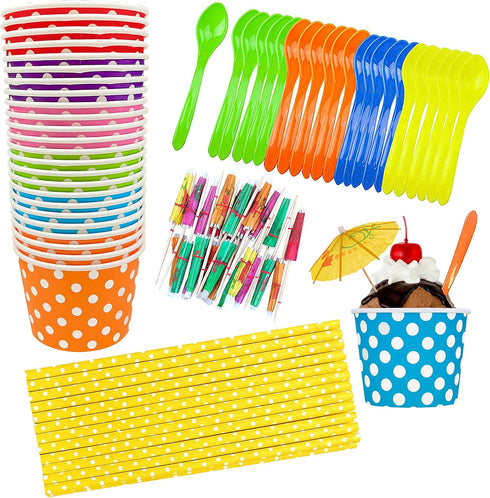 12 Ounce Disposable Paper Treat Cups Ice Cream Bowls -Plastic Spoons - Paper Straws - Ice Cream Sundae Kit for 24 - Blue, Pink, Orange, Yellow, Gr...