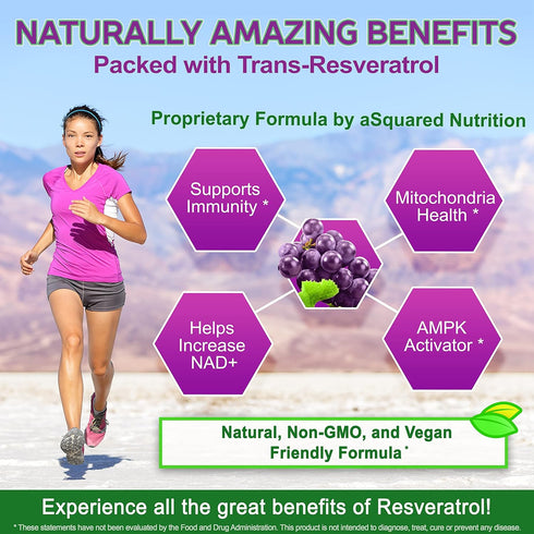 aSquared Nutrition Natural Resveratrol with Red Wine Extract - 180 Capsules - Trans Resveratrol Antioxidant Supplement Pills for Pure Heart Health...