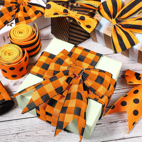 3 Rolls Christmas Burlap Ribbon Orange and Black Plaid Wrapping Wired Ribbons Autumn Christmas Dot Pattern Striped Ribbons for Home DIY Crafts Par...