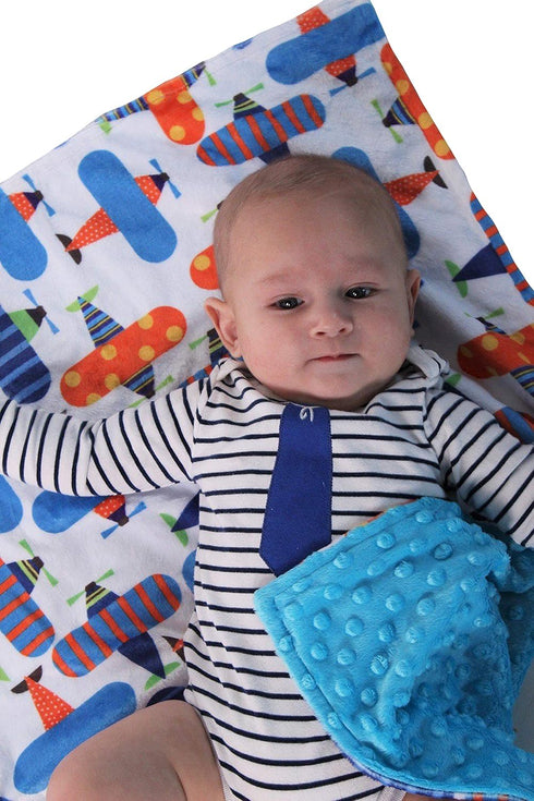 Unisex Baby Reversible Minky Dot Stroller Blanket (Choose Color) (Airplane/Turquoise)...