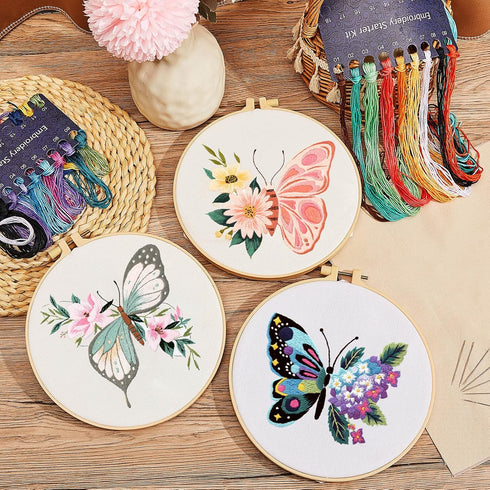 6 Set Butterfly Embroidery Kit Butterfly and Flower Cross Stitch Set Embroidery Kits for Adults with Patterns Instructions Embroidery Hoops Thread...