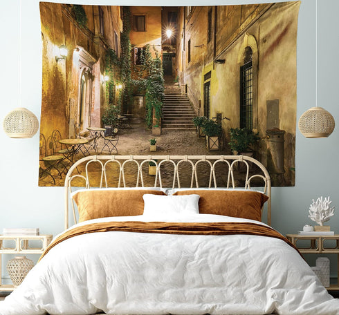 Ambesonne Cityscape Tapestry, Courtyard Night View with Street Cafe Chairs Plants in Flowerpots Rome Print, Wide Wall Hanging for Bedroom Living R...