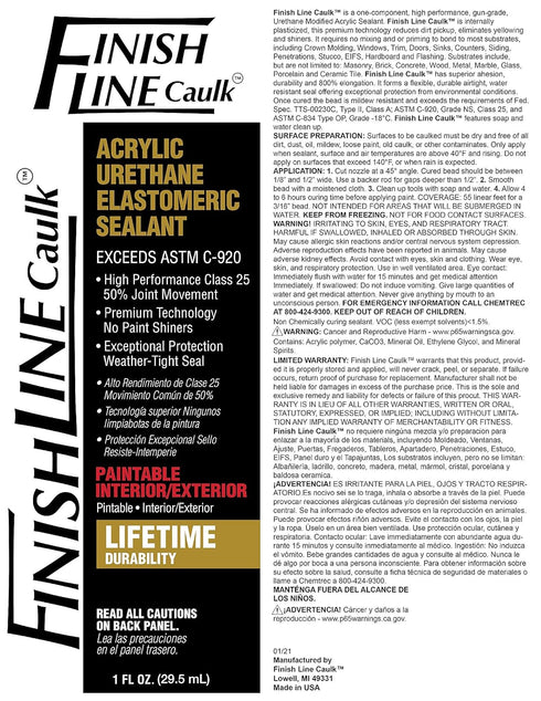 Finish Line Acrylic Urethane Elastomeric Sealant Pre-Filled Precision Caulk Gun One Ounce Tube Single (Clear, FLCPREFILL, 1, 00130) *Product Dries...