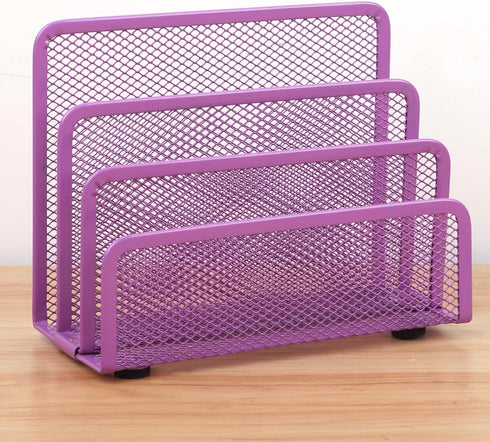 EASEPRES Desk Mail Organizer, Purple 2 Pack Office Small Letter Sorter Desktop File Organizer Metal Mesh with 3 Vertical Upright Compartments...