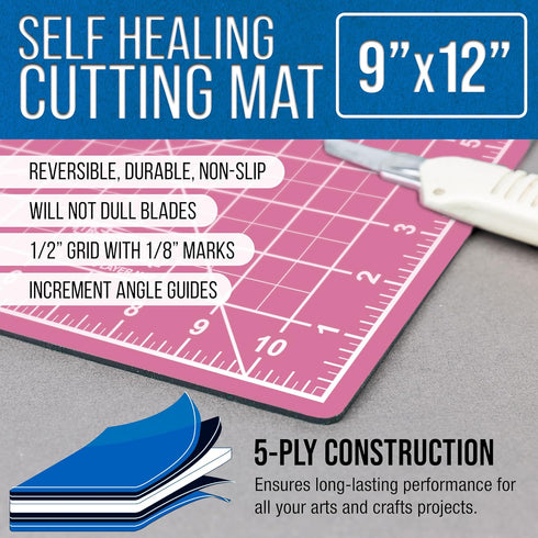 U.S. Art Supply 9" x 12" Self-Healing Cutting Mat 5-Ply - Double-Sided Pink/Blue Craft Mat, Non-Slip Cutting Mats for Crafts, Sewing, Quilting, Sc...