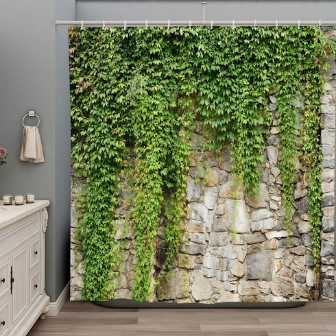 Stone Brick Wall Shower Curtain Green Leaves Garden Landscape Nature Plant Scenery Rustic Marble Rocks Stone Wall Bathtub Curtains Fabric Bathroom...