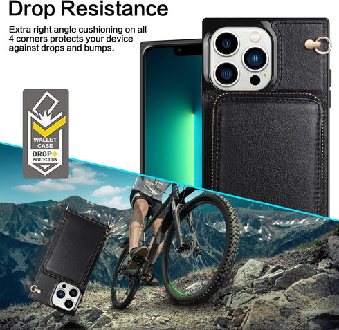 for iPhone 13 Pro Max Leather Wallet Case (6.7-Inch) - Zipper Shockproof Leather Card Holder (12 Cards) & Anti-Theft Lanyard - Crossbody Bag with ...