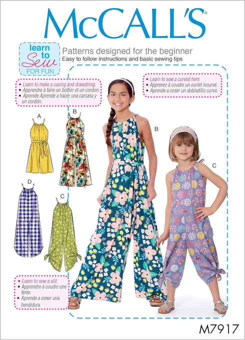 McCall's Learn Girl's Tie and Bell Leg Romper and Jumpsuit, Sizes 7-14 Sewing Pattern, various, White...