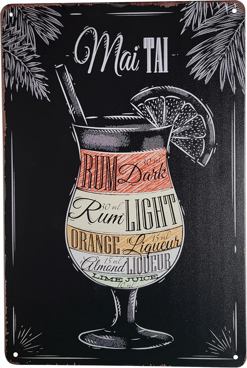 8" x 12" Popular Cocktails and Drink Bar Mix Recipes Menu for Bartenders on Metal Tin Sign Wall Decor Plaque Poster (MAI TAI)...
