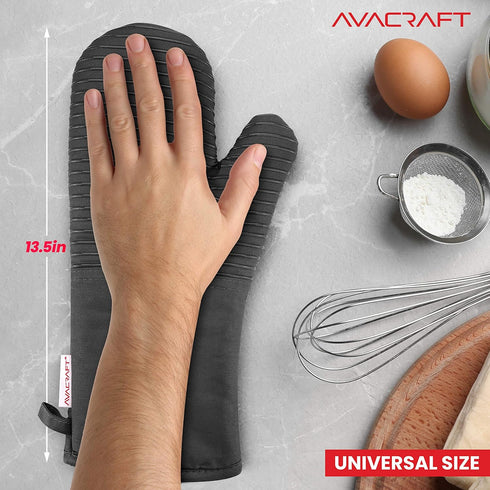 AVACRAFT Oven Mitts Pair, Flexible, 100% Cotton with Unique Heat Resistant Food Grade Silicone, Thick Terry Cloth Interior, 500 F Heat Resistant (...