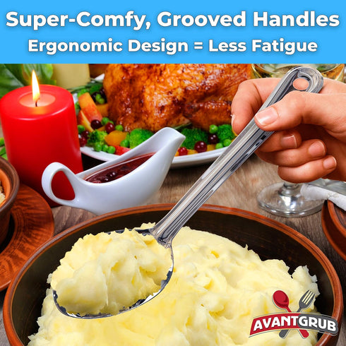 Super Strong, Ergonomic 11 in Serving Spoon 3 Pk. Big, Slotted Stainless Steel Spoons for Cooking, Baking and Basting. Best Kitchen Flatware for B...