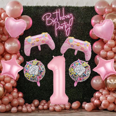 Pink Video Game Balloons, Video Game Controller Birthday Number Mylar Foil Balloon, Level Up Balloons for Girls Game On Birthday Decorations Video...