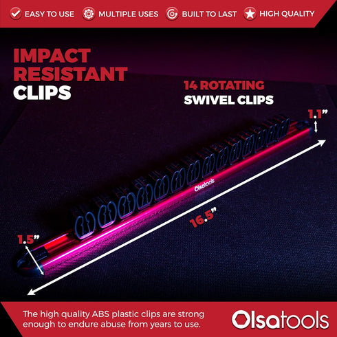 Olsa Tools Wall-Mounted Wrench Rack - Red Anodized Aluminum Rail with Black Clips - Stores 14 SAE or Metric Wrenches Securely - Professional Organ...