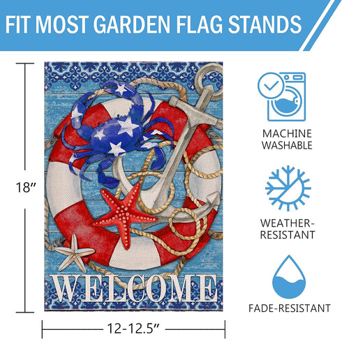 Welcome Summer Nautical Crab Decorative Small Garden Flag, Coastal Beach Anchor Lifebuoy Home Outside House Yard Decoration, Starfish Sea Ocean Fa...