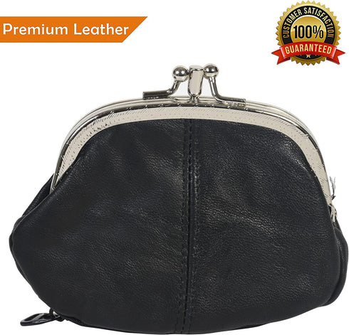 Leatherboss Leather Women's Coin Holder Pouch Purse Double Frame Wallet with Zipper Pocket, Black...