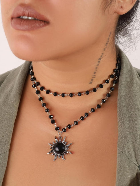 Sacina Gothic Black Sun Necklace, Black Sun Crystal Pendant, Black Bead Choker Necklace, Gothic Necklace, Goth Necklace, Halloween Christmas New Y...
