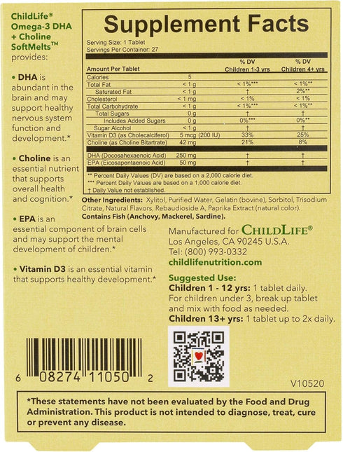 CHILDLIFE ESSENTIALS Omega-3 DHA + Choline SoftChews - All-Natural Support for Optimal Brain & Nervous System Development & Function in Children &...