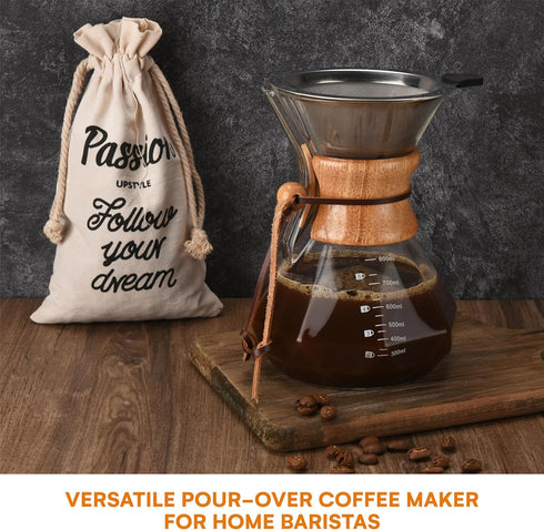 Bruntmor Pour Over Coffee Maker Dripper - Coffee Pot with Double-Layer Stainless Steel Coffee Filter - Portable Coffee Maker - Heat-Resistant Glas...