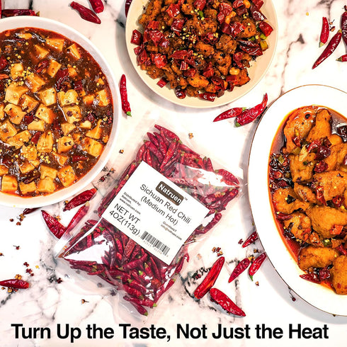 Natruen Whole Dry Szechuan Chinese Red Chili Pods 4 Oz (Medium Hot), Spicy Sichuan Dried Red Hot Chilies for Chili Oil, Paste, and Sauce...