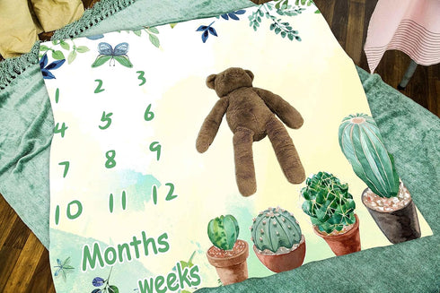 Baby Monthly Milestone Blanket, Green Cactus Butterfly Leaves Baby Memory Blanket Newborn Growth Chart Baby Age Blanket, 48x40 Inch Nursery Baby S...
