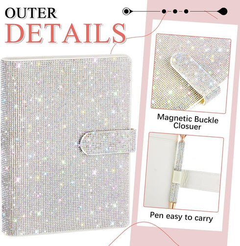 A5 Rhinestone Refillable Notebook Binder and Crystal Pen Set 6 Ring Diamond Budget Binder for Filler Paper Bling White Desk Accessories for Women ...
