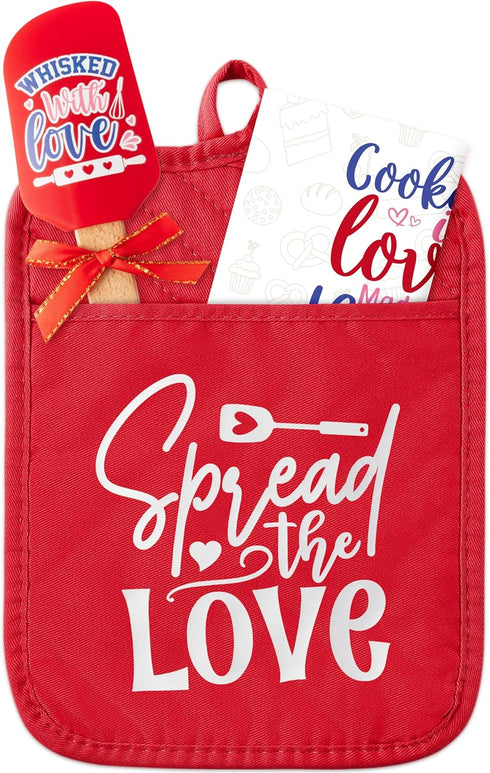 R HORSE Bridal Shower Gift Set - 3Pcs Red Bridal Shower Pot Holder with Silicone Spatula Greeting Card Heat Resistant Oven Mitts Kitchen Baking Gi...