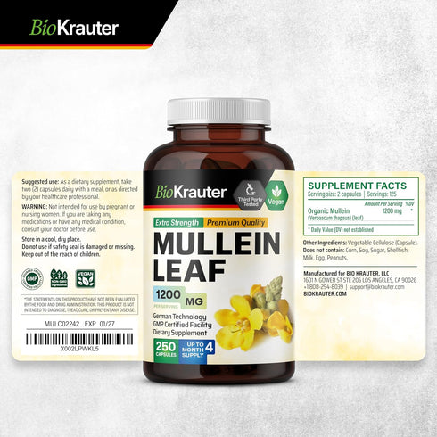 BIO KRAUTER Mullein Capsules for Lung Detox 1200 mg - 250 Count - Mullein Leaf Capsules for Respiratory Support - Vegan Lung Support Supplement - ...