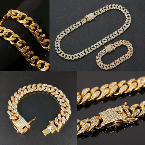 FUNOJOY Cuban Link Chain Jewelry Sets for Women Rhinestone Hoop Earrings Necklace Bracelet Set Bling Diamond Hip Hop Jewelry for Women Girls...