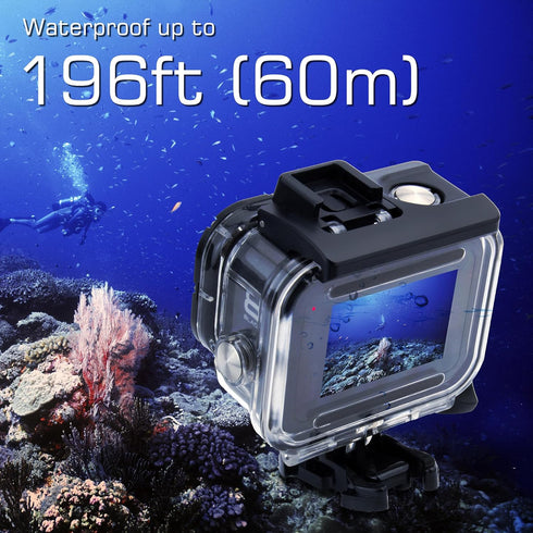60M/196FT Waterproof Housing Case for GoPro Hero 8 Black, Dual Cold Shoe Slots Protective Underwater Diving Housing Shell for GoPro Hero 8 Black A...