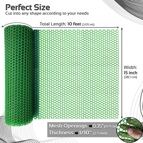 Upgraded Plastic Chicken Wire Fence Mesh - 15.7IN x 10FT- Black/Green/White Colors - Hexagonal Fencing for Gardening - Poultry Netting, Floral Net...