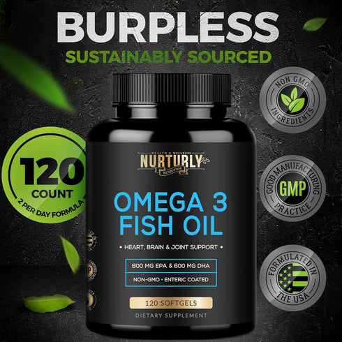 Omega 3 Fish Oil 2000mg, 800mg EPA and 600mg DHA - Enteric Coated and Burpless - Supports Joint, Brain, and Heart - Burpless, Non-GMO, 3rd Party L...