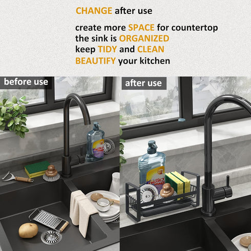 Kitchen Sponge Holder for Sink, Kitchen Sink Caddy Organizer, Sink Tray Drainer Rack, Dish Rags Brush Soap Storage Countertop with Removable Front...