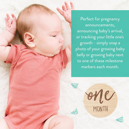 Kate & Milo Baby Monthly Milestone Marker Discs - Classic Cursive Script Wooden Discs with Reversible Photo Props for Baby Announcement and Milest...