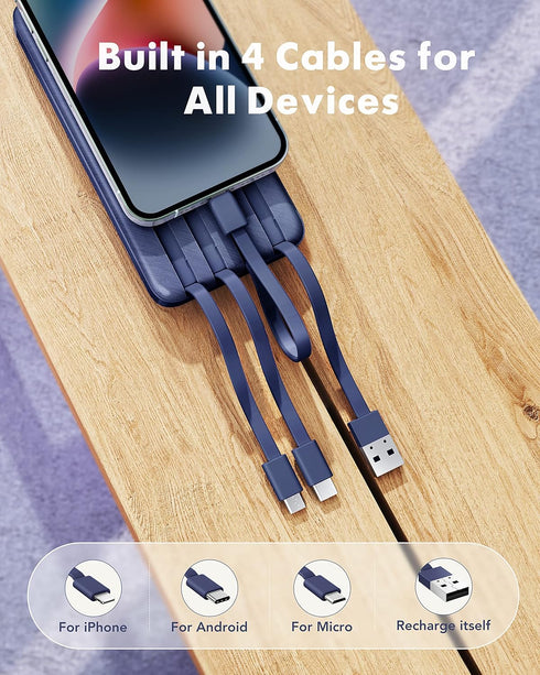 Portable Charger with Built in Cables, Portable Charger with Cords Wires Slim 10000mAh Travel Essentials Battery Pack 6 Outputs 3A High Speed Powe...
