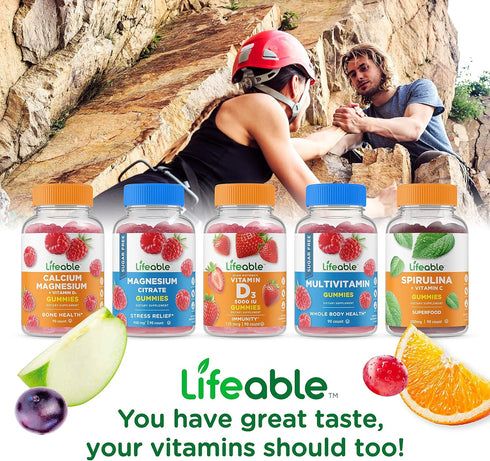 Lifeable Calcium 500 mg with Vitamin D3 1000 IU Gummies - Great Tasting Natural Flavor Vitamin Supplement - Gluten Free GMO-Free Chewable - for Bo...