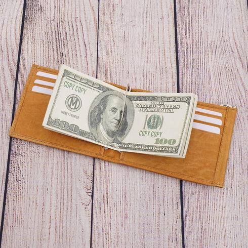 Men's Cowhide Trifold/Bifold Double Money Clip Wallet (Z Money Clip) (Tan Outside ID)...
