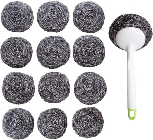 Stainless Steel Sponges Scourer Set with Handle 40 gram - Pack of 12 - Large Stainless Steel Scrubbers - Metal Scouring Pads - Kitchen Cleaning To...