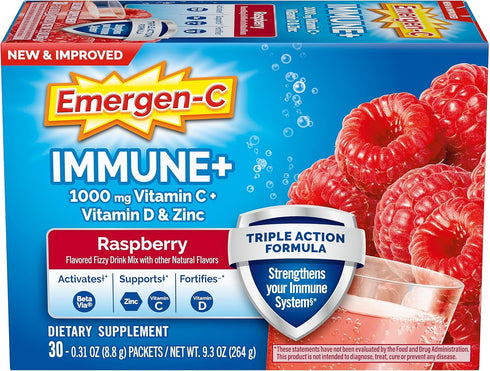Emergen-C Immune+ Triple Action Immune Support Powder, BetaVia (R), 1000mg Vitamin C, B Vitamins, Vitamin D and Antioxidants, Raspberry – 30 Count...